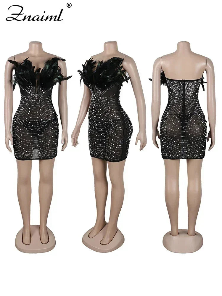 Znaiml Robes moulantes dos nu transparentes en maille diamantée avec strass et plumes sexy pour femme, boîte de nuit, fête d'anniversaire, soirée, Vestidos