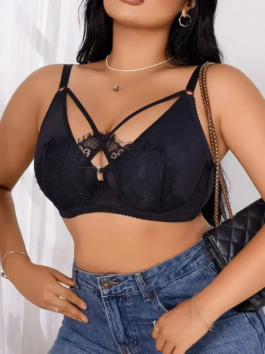 Lingerie grande taille pour femme, bonnets à demi-coupe, push-up à fronces, fermeture avant boutonnée, dentelle croisée, convient aux femmes pulpeuses XL-XXXL MR2895