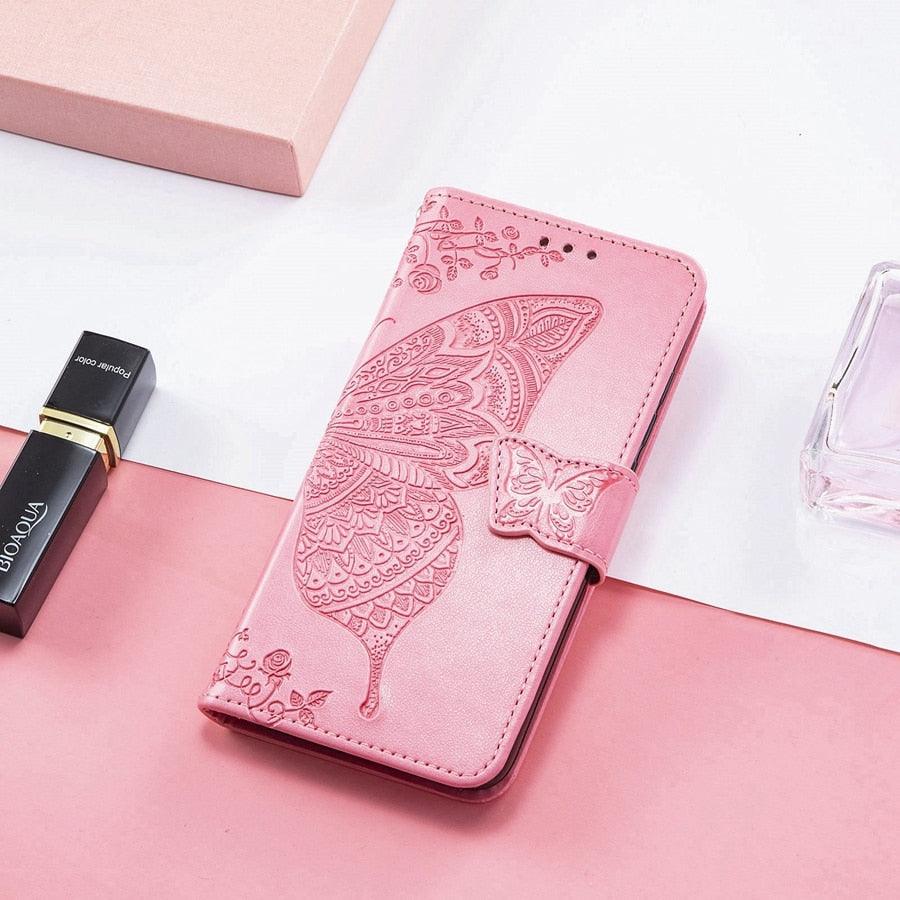 Étui Portefeuille de Luxe Rose Papillon Fleur pour iPhone 14 Pro Max 13 12 Classique Simple Cuir avec Porte-Cartes Béquille Dragonne Rabat pour iPhone