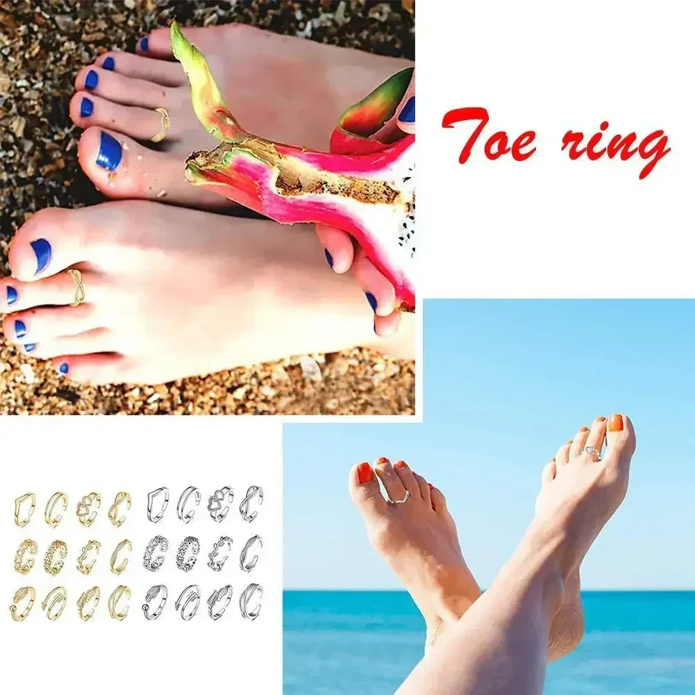 12 Bagues d'orteil ajustables pour femmes et filles, ensemble simple pour la plage, ouvert, bijoux mignons cœur, plume, été, pieds