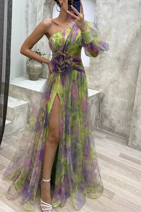 Robe longue en maille fendue haute à glissière asymétrique à épaule dénudée pour femme, robe de soirée à fleurs décoratives