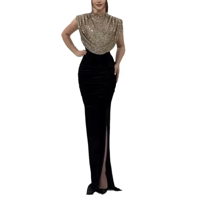 Robe longue élégante à taille haute, robe de soirée décontractée à col rond sans manches pour femme, drapée fendue, épissure à sequins, nouvelle collection 2025