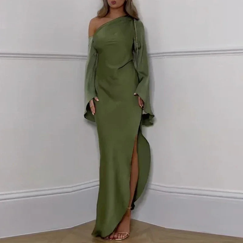 Robe sexy irrégulière unie à épaule oblique pour femme, robe longue élégante à col asymétrique sans dos, robes de soirée d'automne à manches évasées fendues