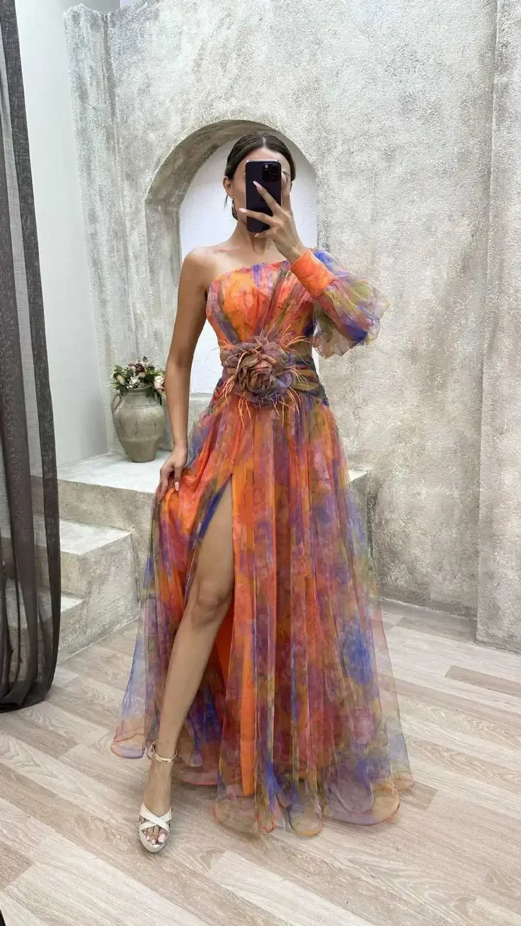 Robe longue en maille fendue haute à glissière asymétrique à épaule dénudée pour femme, robe de soirée à fleurs décoratives