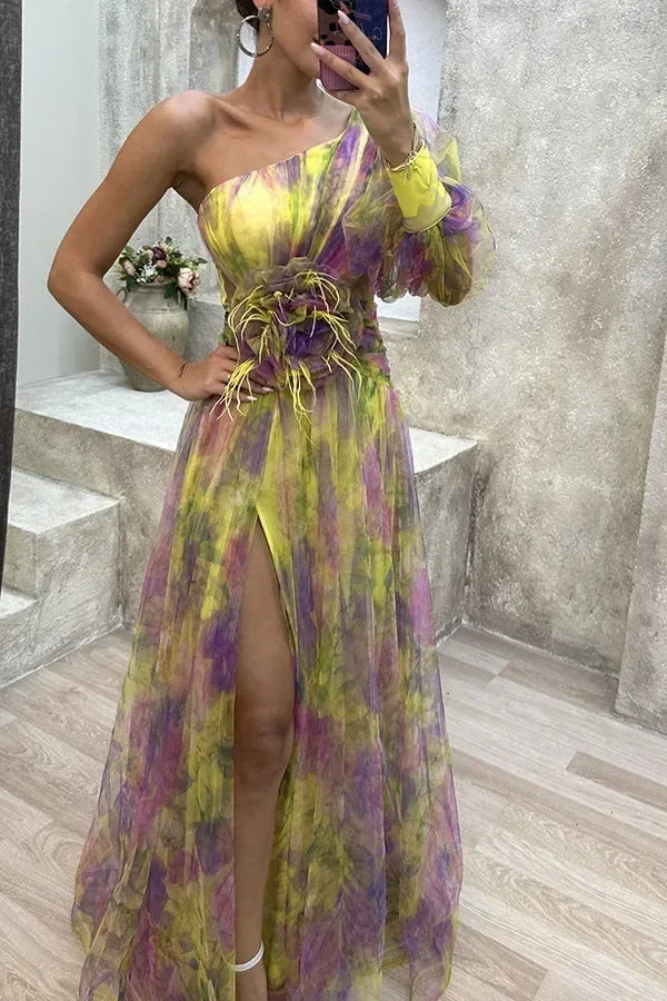Robe longue en maille fendue haute à glissière asymétrique à épaule dénudée pour femme, robe de soirée à fleurs décoratives