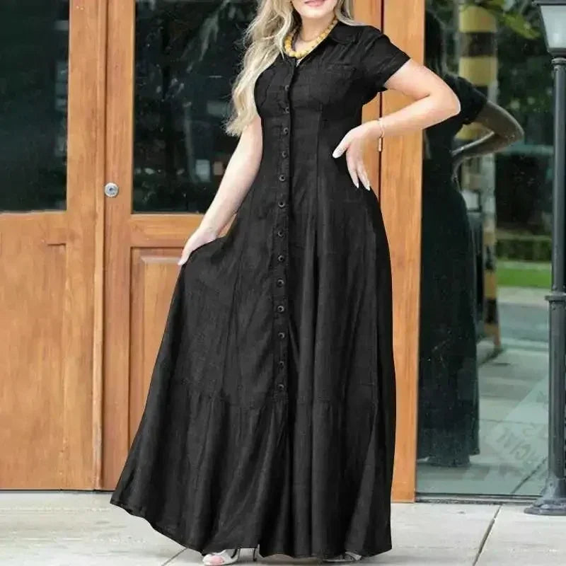 Robe Chemise en Jean Ample à Simple Boutonnage, Robe Décontractée à Manches Courtes avec Poches et Revers, Épissures et Grande Balançoire, Couleur Unie pour Femme, Nouvelle Collection 2024