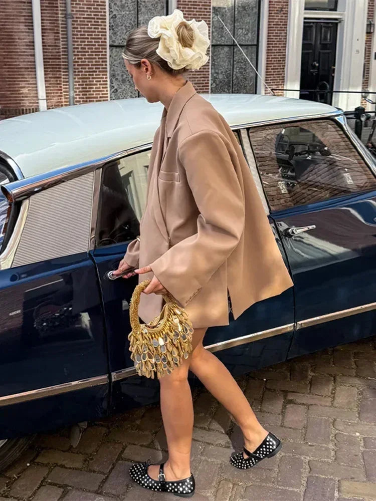 Veste de costume col V boutonnée sur le côté pour femme Manches longues couleur unie Manteaux Poignets poches Hauts oversize Vêtements féminins style urbain