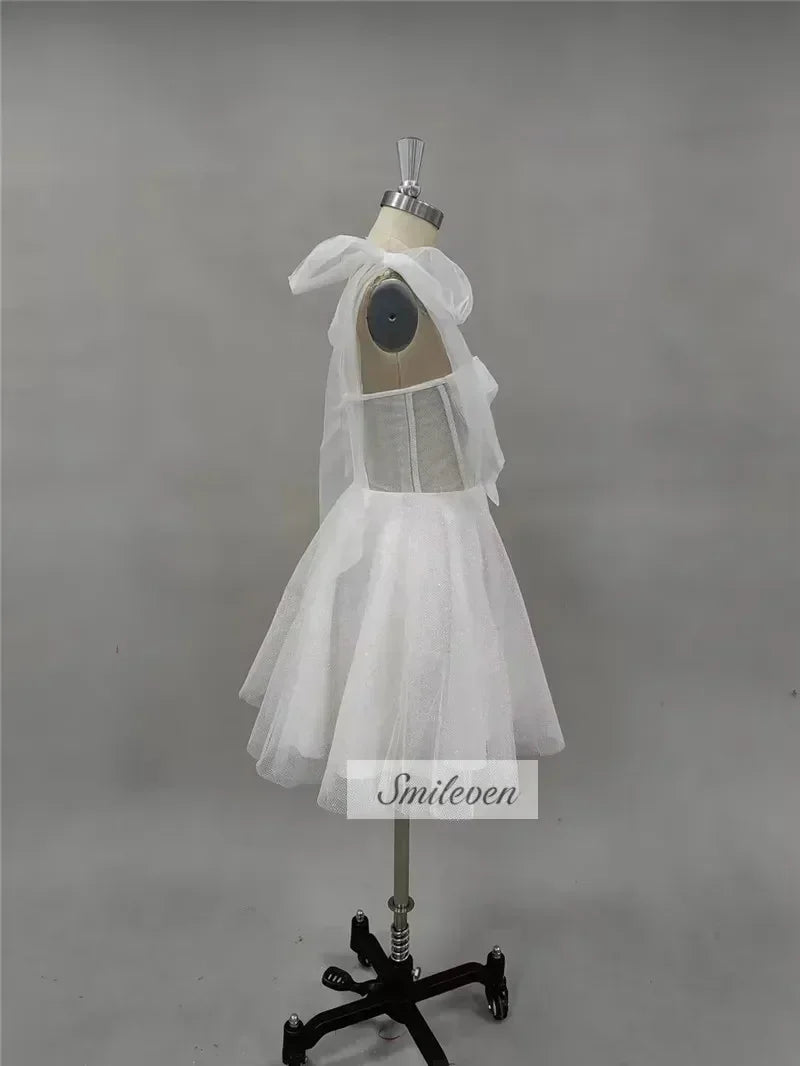 Robe de mariée courte Smileven, coupe trapèze, bustier cœur, paillettes brillantes, mini-nœuds, bretelles, Vestido de novia 2024, personnalisée