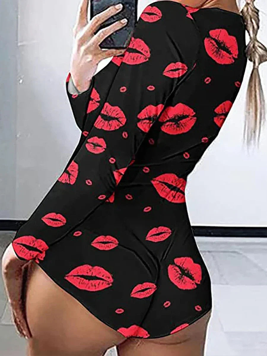 Combinaison moulante pour femme à manches longues, col en V, imprimé cœurs et lèvres, boutonnée, courte, vêtement de nuit d'intérieur pour la Saint-Valentin