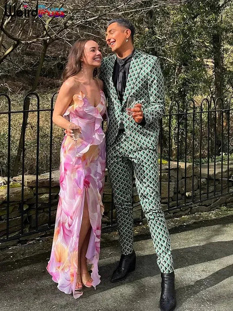 Robe Femme Weird Puss à Imprimé Floral Été Sans Bretelles Fentes Irrégulières Pompons Patchwork Dos Nu Bandage Fête Moulante Vestidos