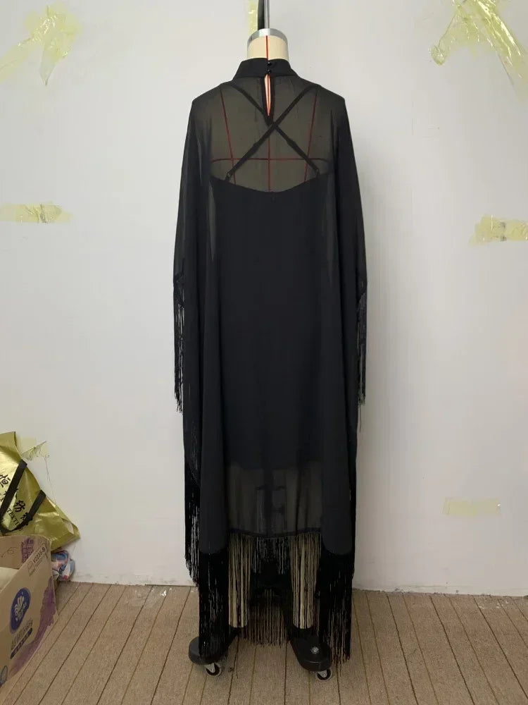 Yeezzi 2025 Nouvelle Mode Printemps Robes de Soirée Transparentes à Franges Femme Manches Chauve-Souris Couleur Unie Col Montant Ensemble Deux Pièces Robe