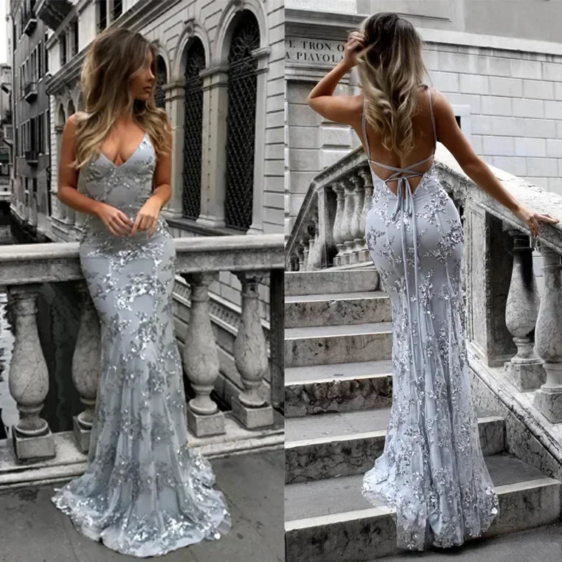 Robes pour femmes sans manches, col en V, pull, paillettes, robe de soirée, Vestidos, formelle, longueur ras du sol, sexy, cache-cœur, dos nu, slim