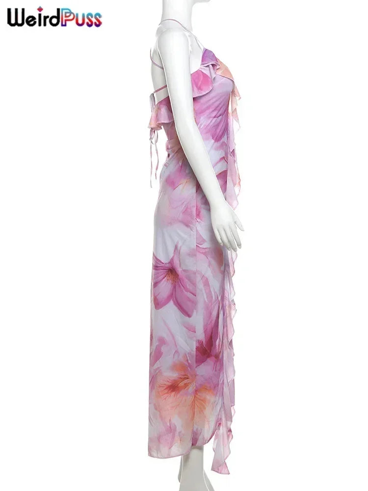 Robe Femme Weird Puss à Imprimé Floral Été Sans Bretelles Fentes Irrégulières Pompons Patchwork Dos Nu Bandage Fête Moulante Vestidos