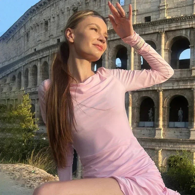 Trendix Robe élégante à manches longues pour femme, mini-robe d'été slim à imprimé floral, robe de vacances unie très tendance pour femme