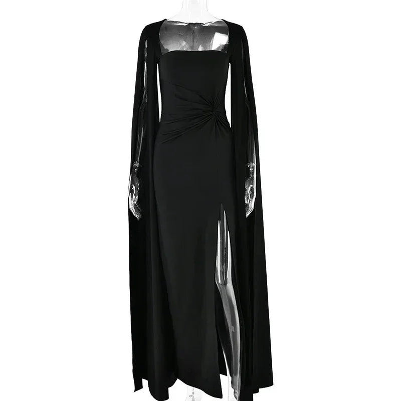 Mozision Robe longue fendue à manches cape pour femme, élégante robe de soirée longue à col carré, couleur unie, nouvelle collection