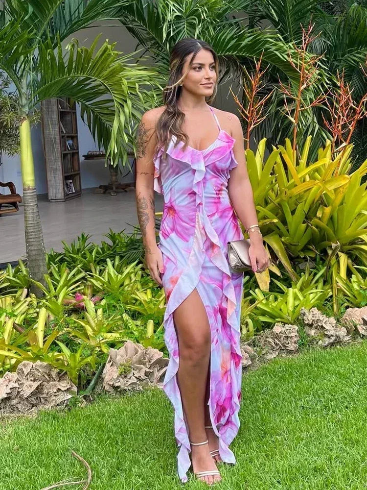 Robe Femme Weird Puss à Imprimé Floral Été Sans Bretelles Fentes Irrégulières Pompons Patchwork Dos Nu Bandage Fête Moulante Vestidos