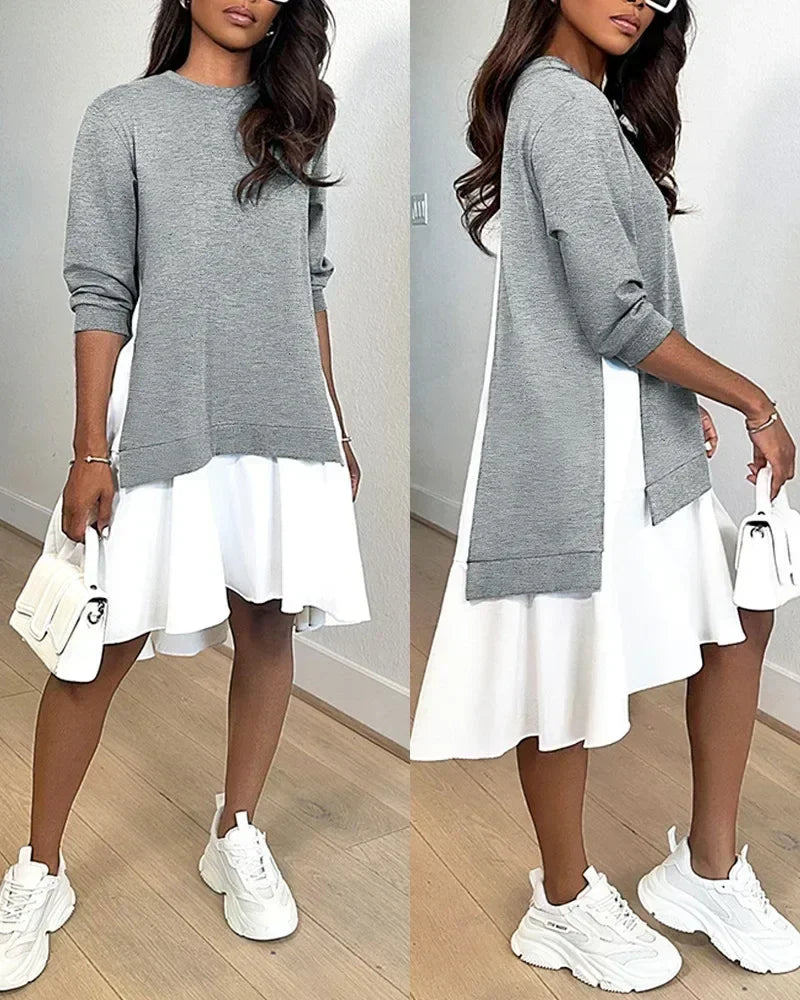 Printemps Femmes Col Rond Manches Longues Robe Mini Ample Automne Vintage Robes Sweatshirt Décontracté Mode Patchwork Volants Robe Trapèze