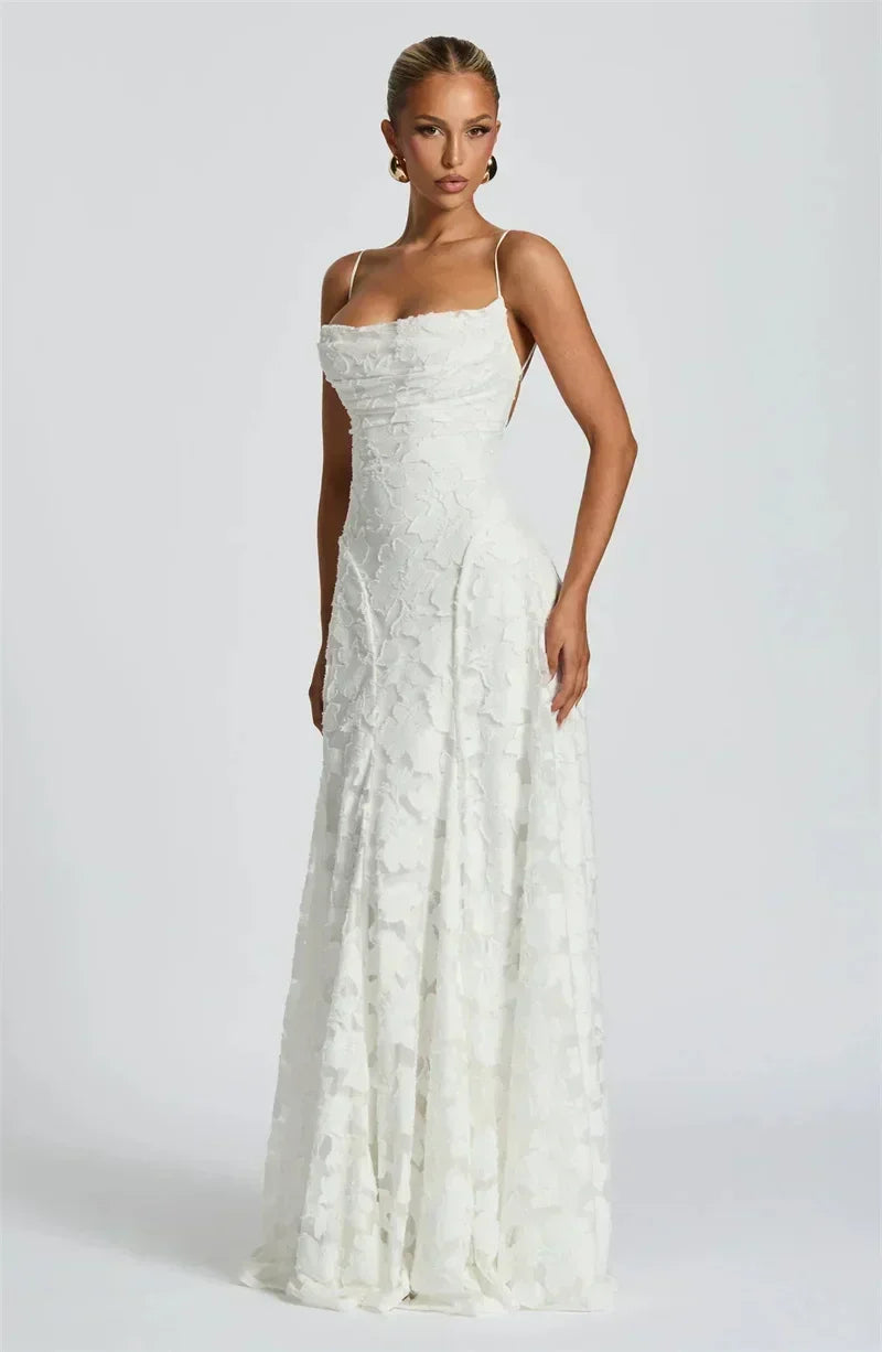 Mozision Robe longue sexy dos nu à fines bretelles pour femme, robe de soirée élégante épaules dénudées sans manches avec lacets pour club et soirée