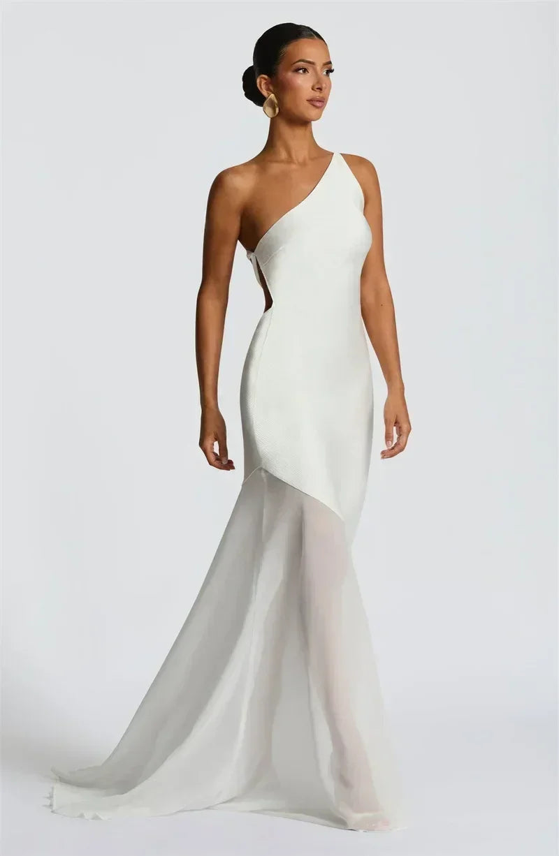 Mozision One Shoulder Backless Sexy Maxi Dress Women Gown Fashion Patchwork Sleeveless Bodycon Club Party Long Dress Elegant
