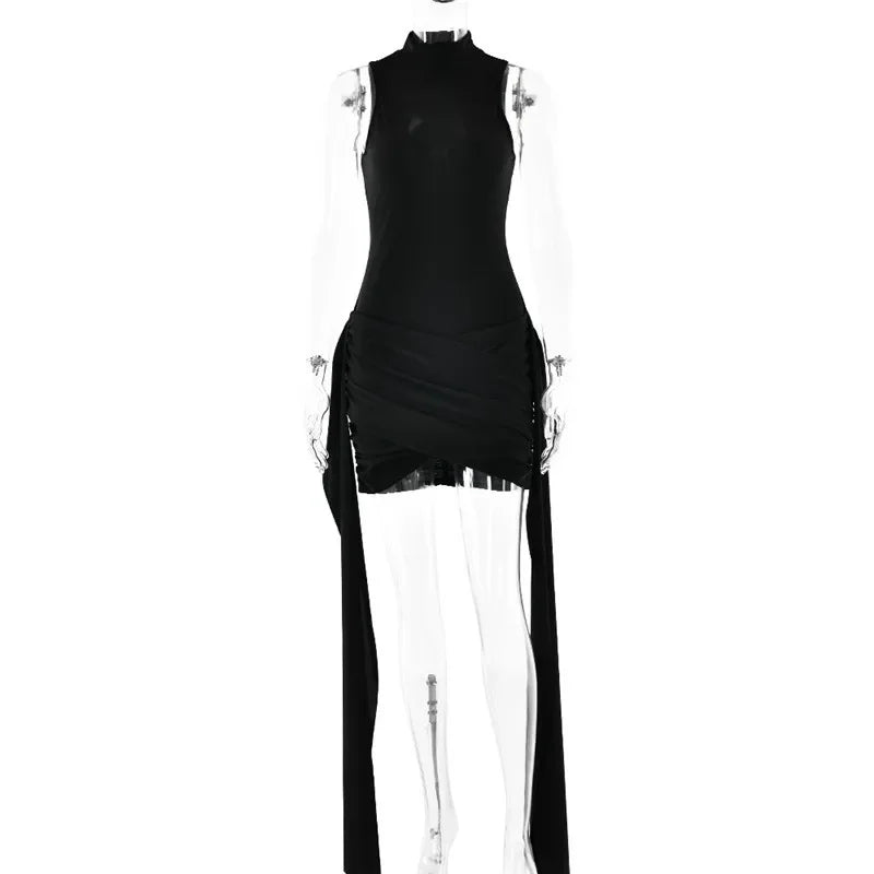Mini-robe sans manches à col roulé | Robe de soirée asymétrique froncée - Femstylo