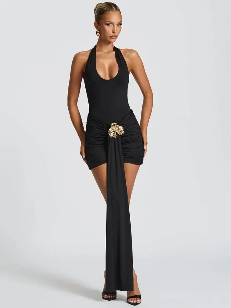 Mozision Robe Courte Métallique Plissée à Fleurs, Robe Sexy pour Femme, Mode Licou sans Bretelles Dos Nu Moulante, Robe de Soirée Club Nouvelle Collection