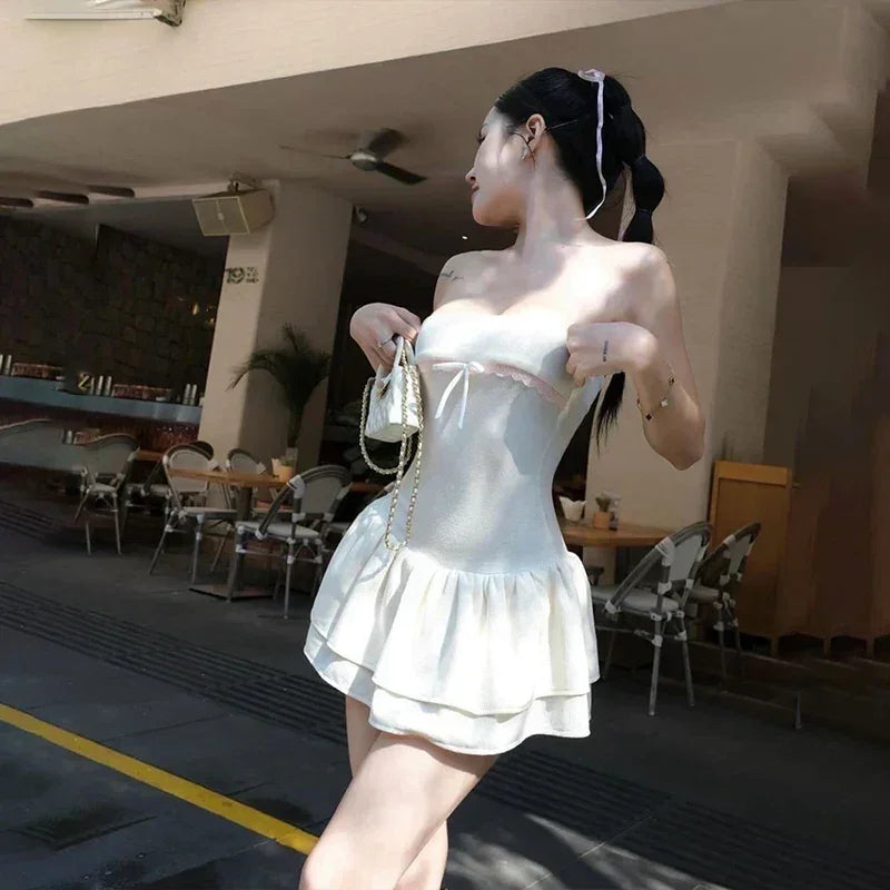 WhereMery Robe mini-robe coréenne sexy Y2K sans manches avec nœud en dentelle, décontractée, pour l'été, robe débardeur, pour discothèque, fête, soirée