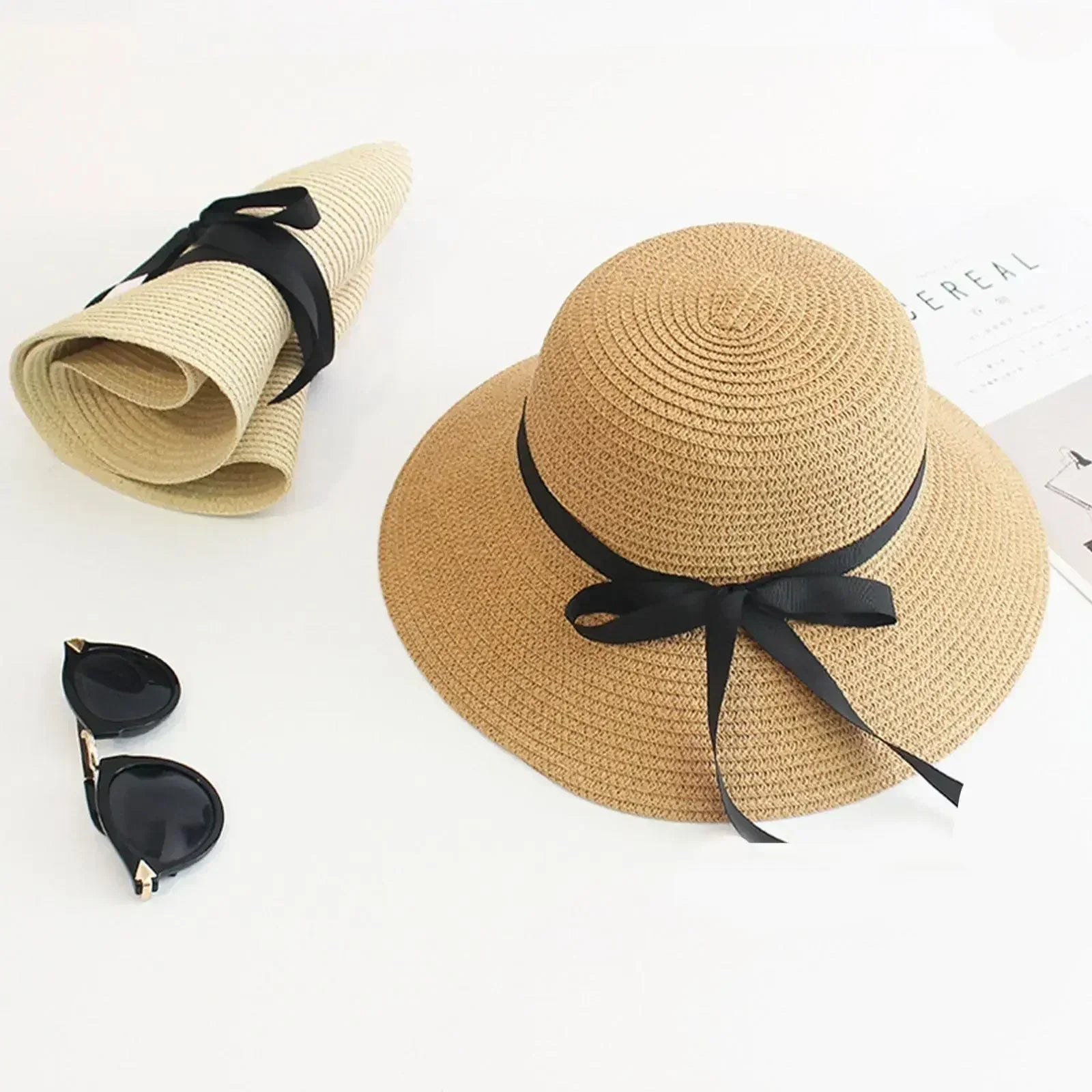 Chapeau de paille d'été à large bord, pliable, protection UV, pour femme, idéal pour la plage ou les voyages.
