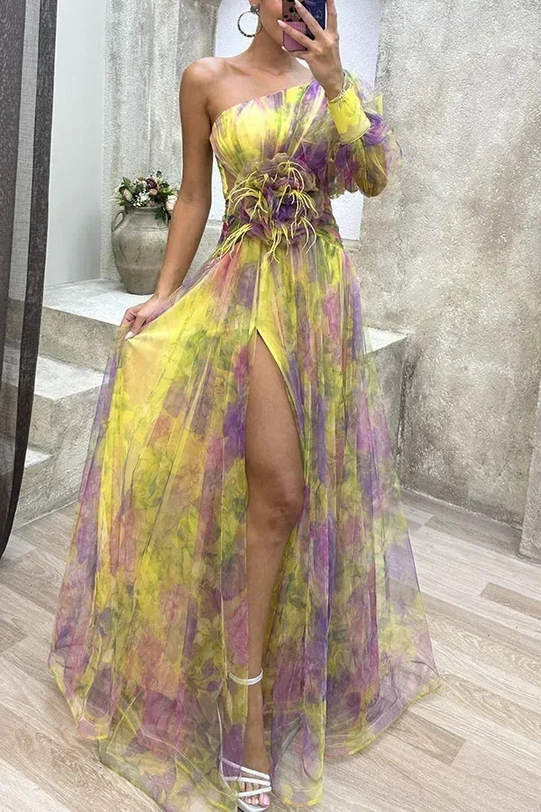 Robe longue en maille fendue haute à glissière asymétrique à épaule dénudée pour femme, robe de soirée à fleurs décoratives