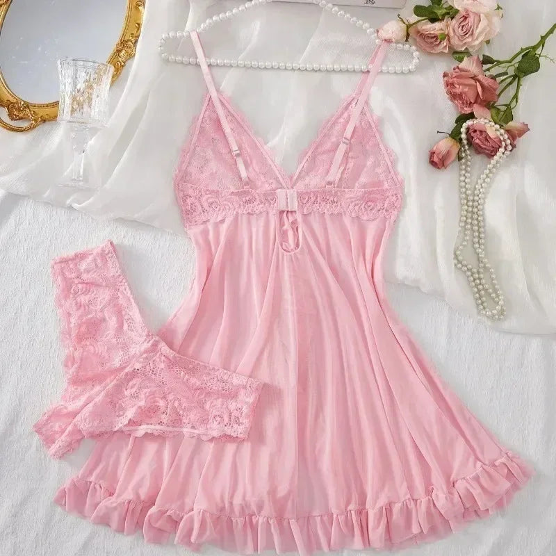 Ensemble de Lingerie Sexy Femme Soutien-gorge Érotique Chemise de Nuit Lingerie en Dentelle Sexy Vêtements de Nuit Couleur Unie Robes Fines et Douces Col en V Nuisette Complète et Robes