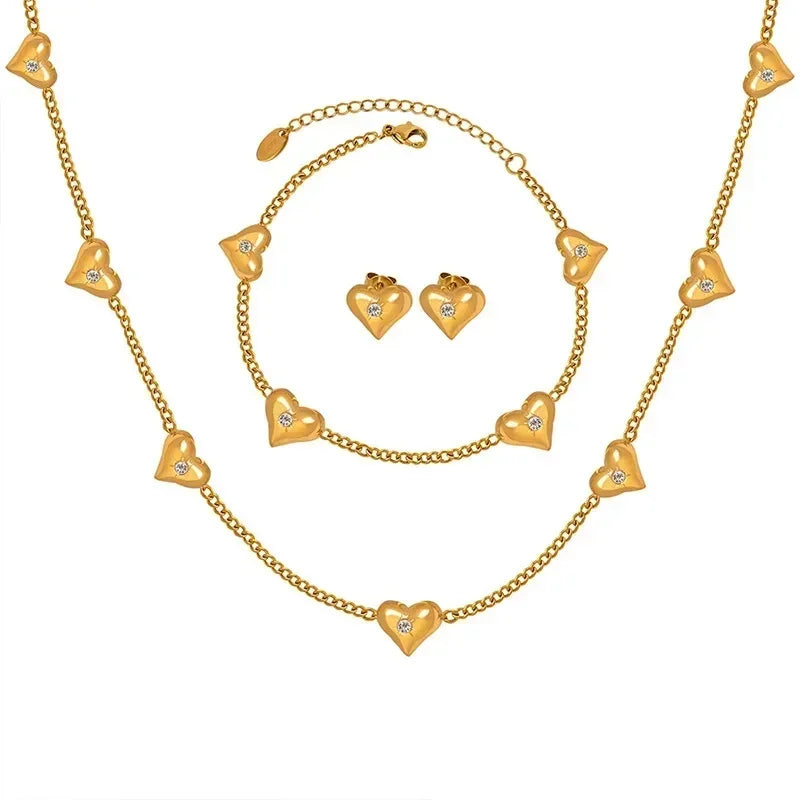 Ensemble de bijoux en acier inoxydable avec collier, boucles d'oreilles et bracelet cœur mignon pour femme, zircon brillant, accessoires de mariée, cadeau de mariage