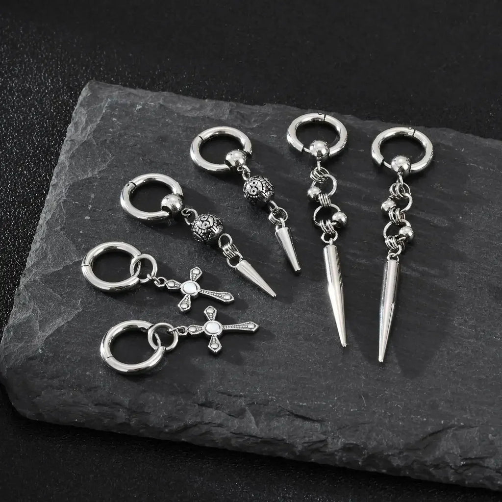 Boucles d'oreilles Huggies Punk pour homme, boucles d'oreilles pendantes vintage en acier inoxydable avec longue chaîne, cadeau élégant boucles d'oreilles croix