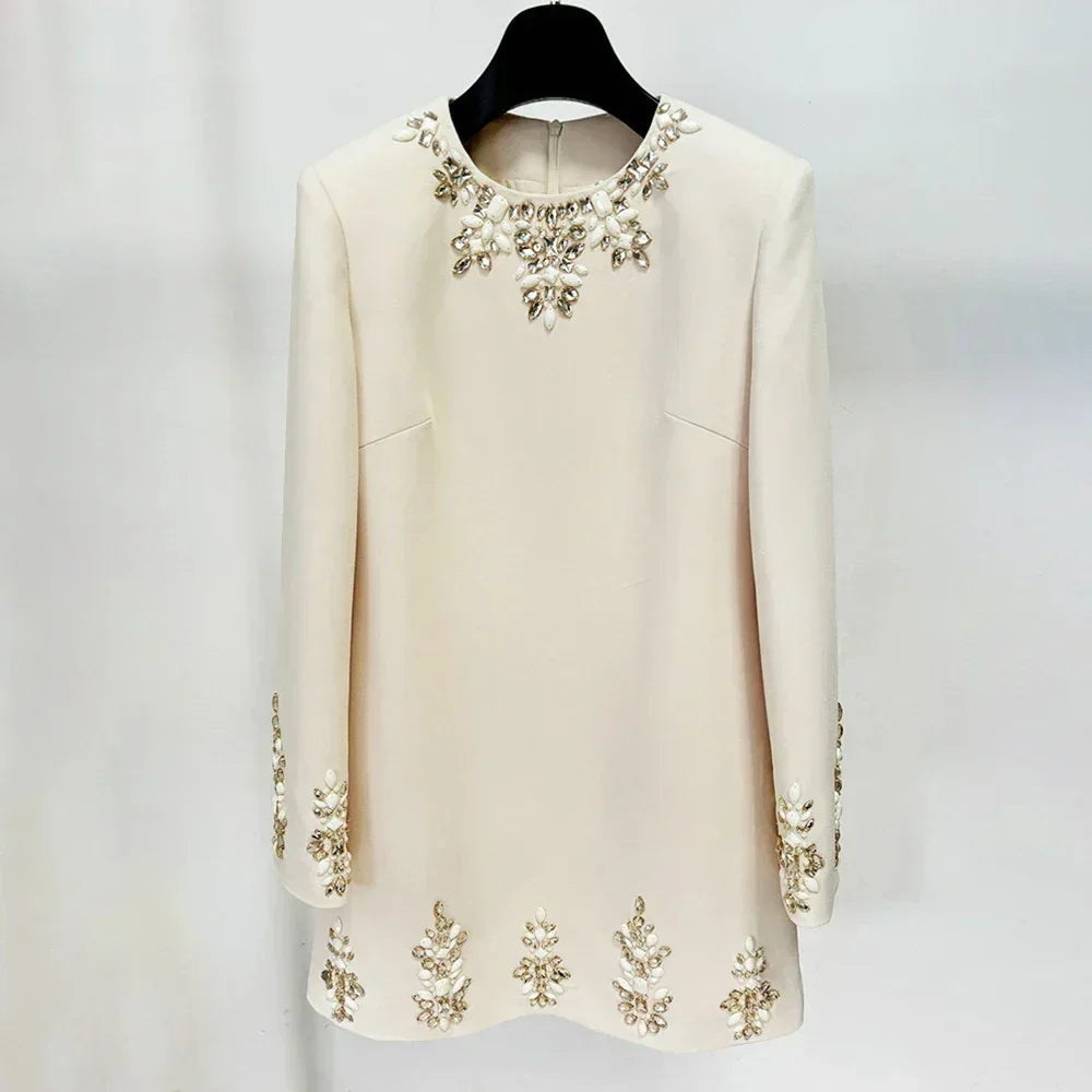 TWOTWINSTYLE Robes Trapèze à Patchwork de Diamants pour Femme Col Rond Manches Longues Taille Haute Robe Mini Ample Vêtements Féminins Tendance 2024