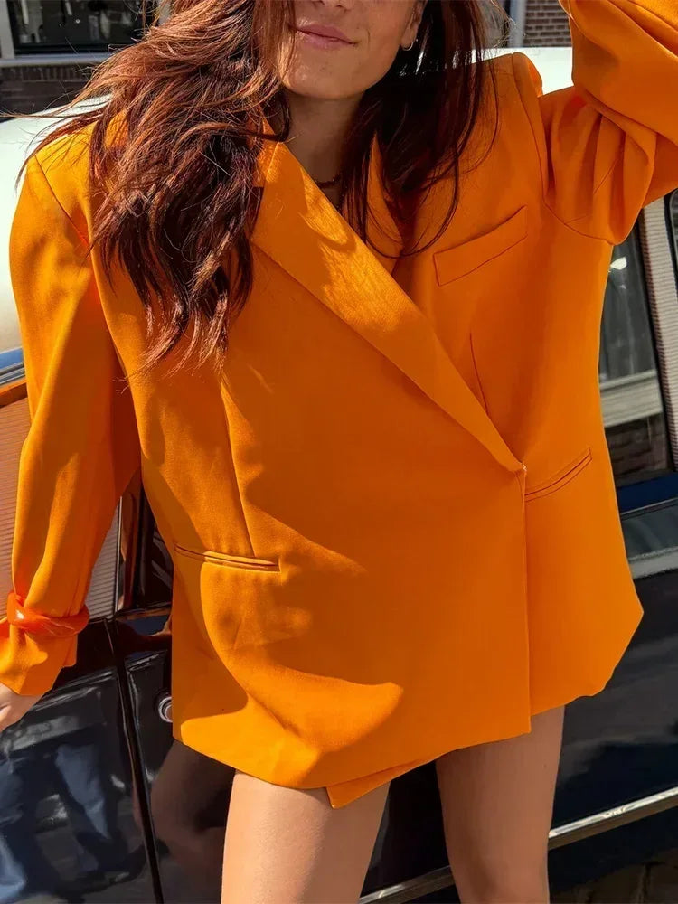 Veste de costume col V boutonnée sur le côté pour femme Manches longues couleur unie Manteaux Poignets poches Hauts oversize Vêtements féminins style urbain