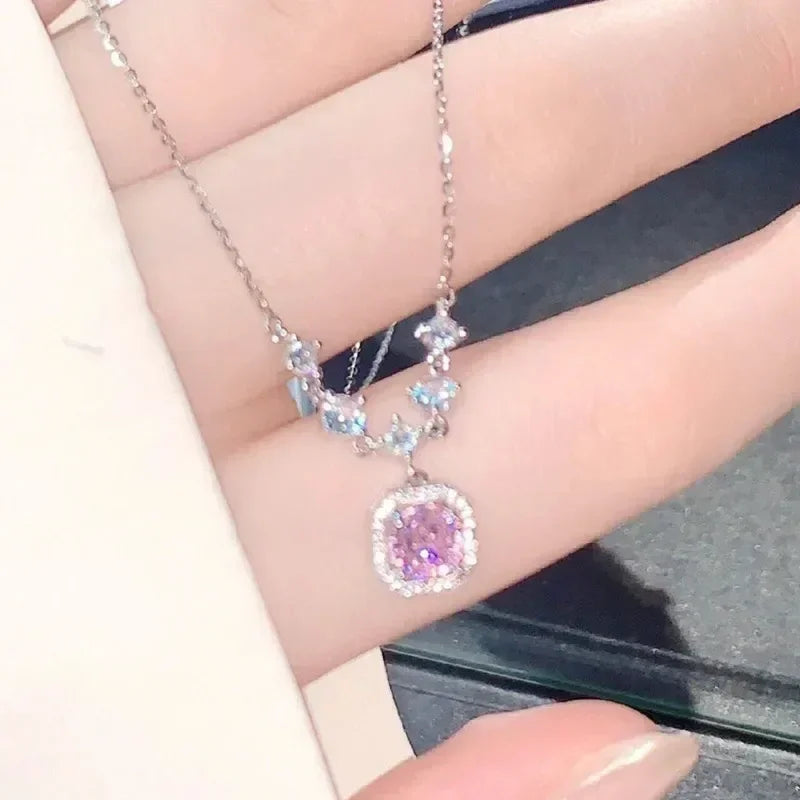 Collier avec pendentif carré de zircon rose luxueux pour femme, accessoire quotidien tendance et personnalisé, bijoux de fête, cadeaux d'anniversaire