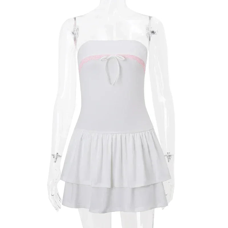 WhereMery Robe mini-robe coréenne sexy Y2K sans manches avec nœud en dentelle, décontractée, pour l'été, robe débardeur, pour discothèque, fête, soirée