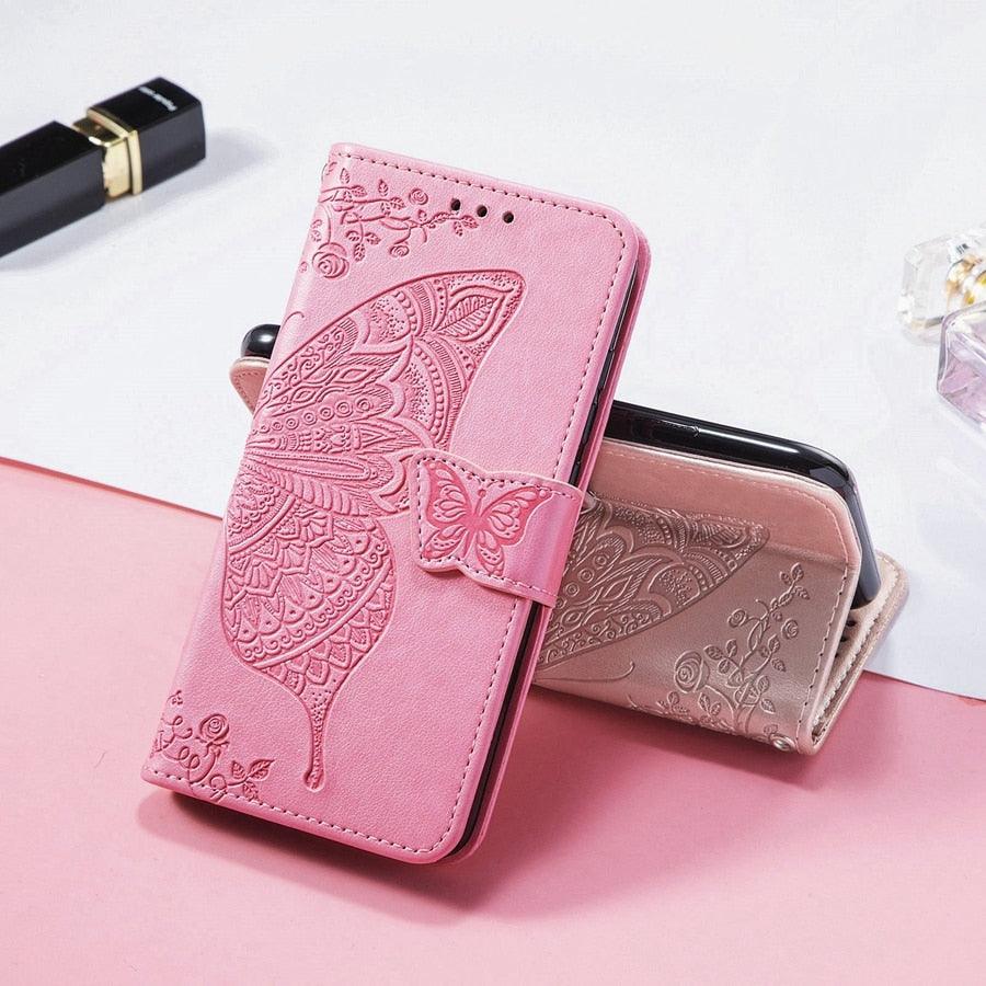 Étui Portefeuille de Luxe Rose Papillon Fleur pour iPhone 14 Pro Max 13 12 Classique Simple Cuir avec Porte-Cartes Béquille Dragonne Rabat pour iPhone