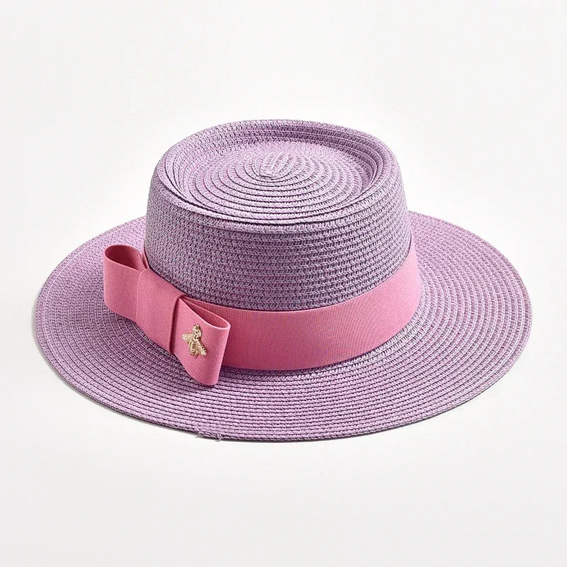 NOUVEAUX Chapeaux de paille Printemps Été pour femmes Surface ronde bosselée Dessus plat Nœud Papillon Robe Casquette Voyage Plage Soleil Chapeau Gorra