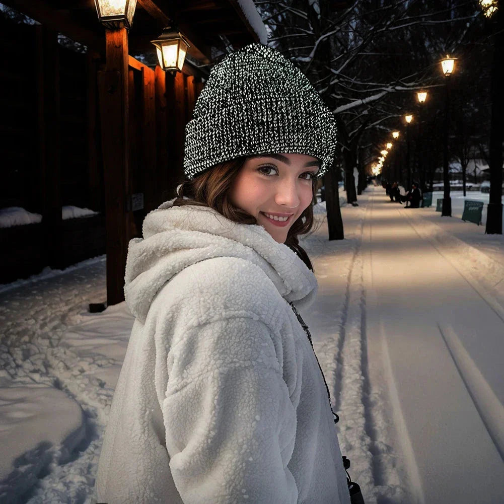 Bonnet d'hiver unisexe réfléchissant – Chapeau tricoté noctilucent haute visibilité