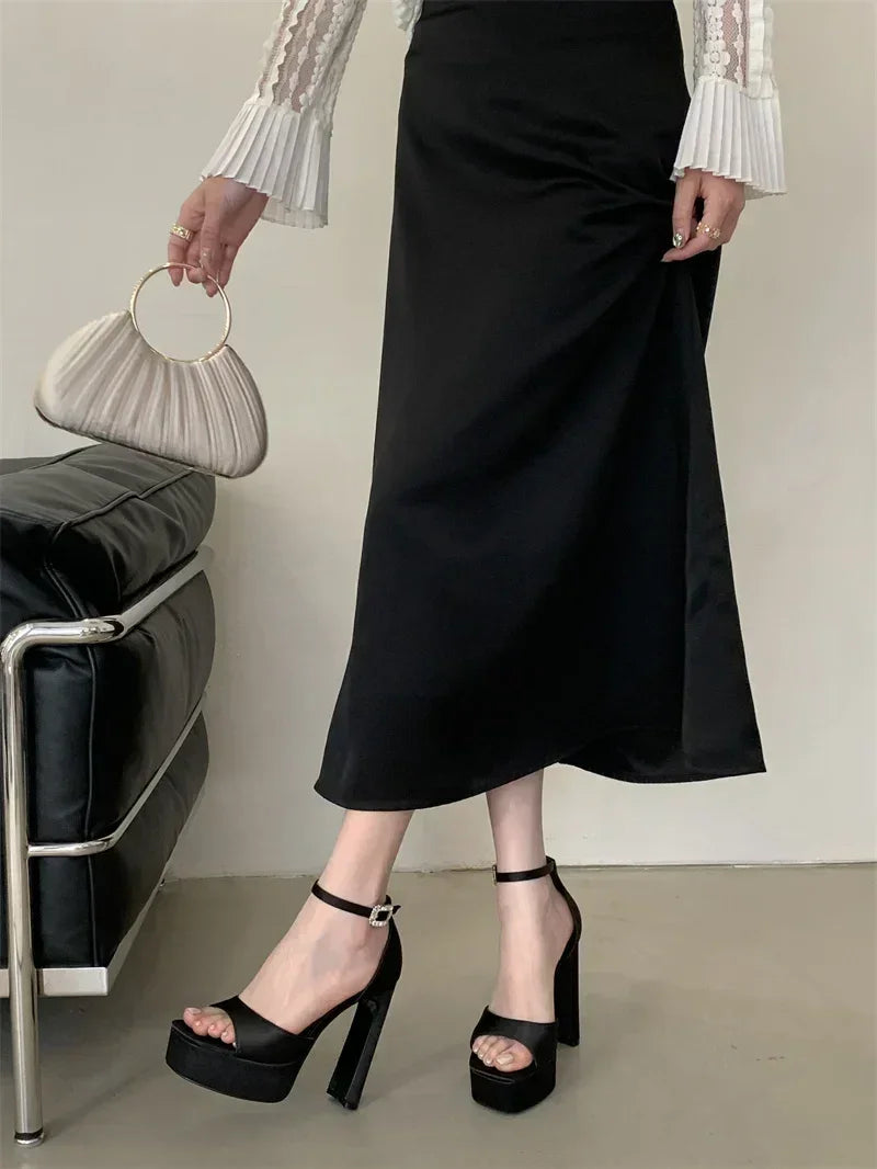 Liyke Runway Style Sandales à talons hauts noires pour femmes, en soie confortable, bout carré, bride à boucle, chaussures de soirée pour dames, taille 40
