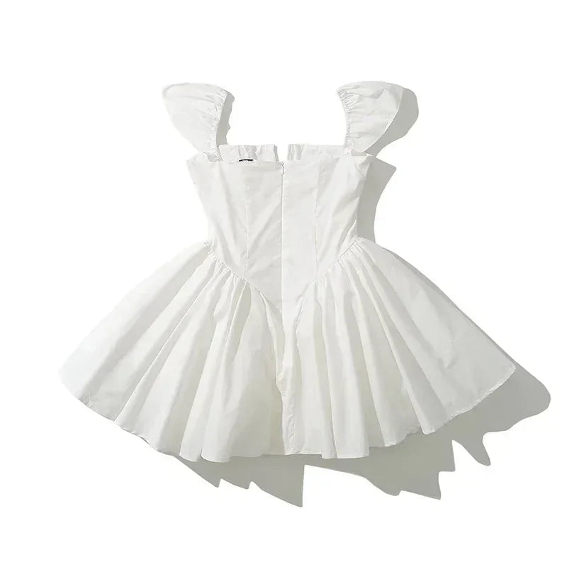 YENKYE Robe d'été blanche courte et évasée pour femme, sexy, à manches courtes, taille basse, élégante, pour soirée, demoiselles d'honneur