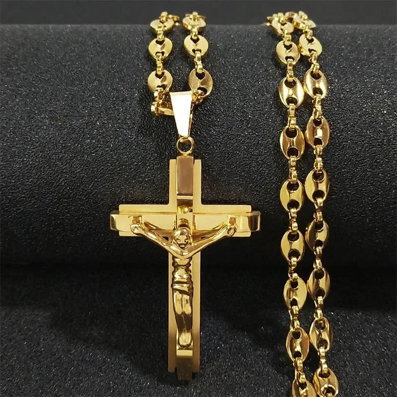 Collier pendentif croix de Jésus pour hommes en acier inoxydable couleur or, chaîne gourmette de café, bijoux chrétiens