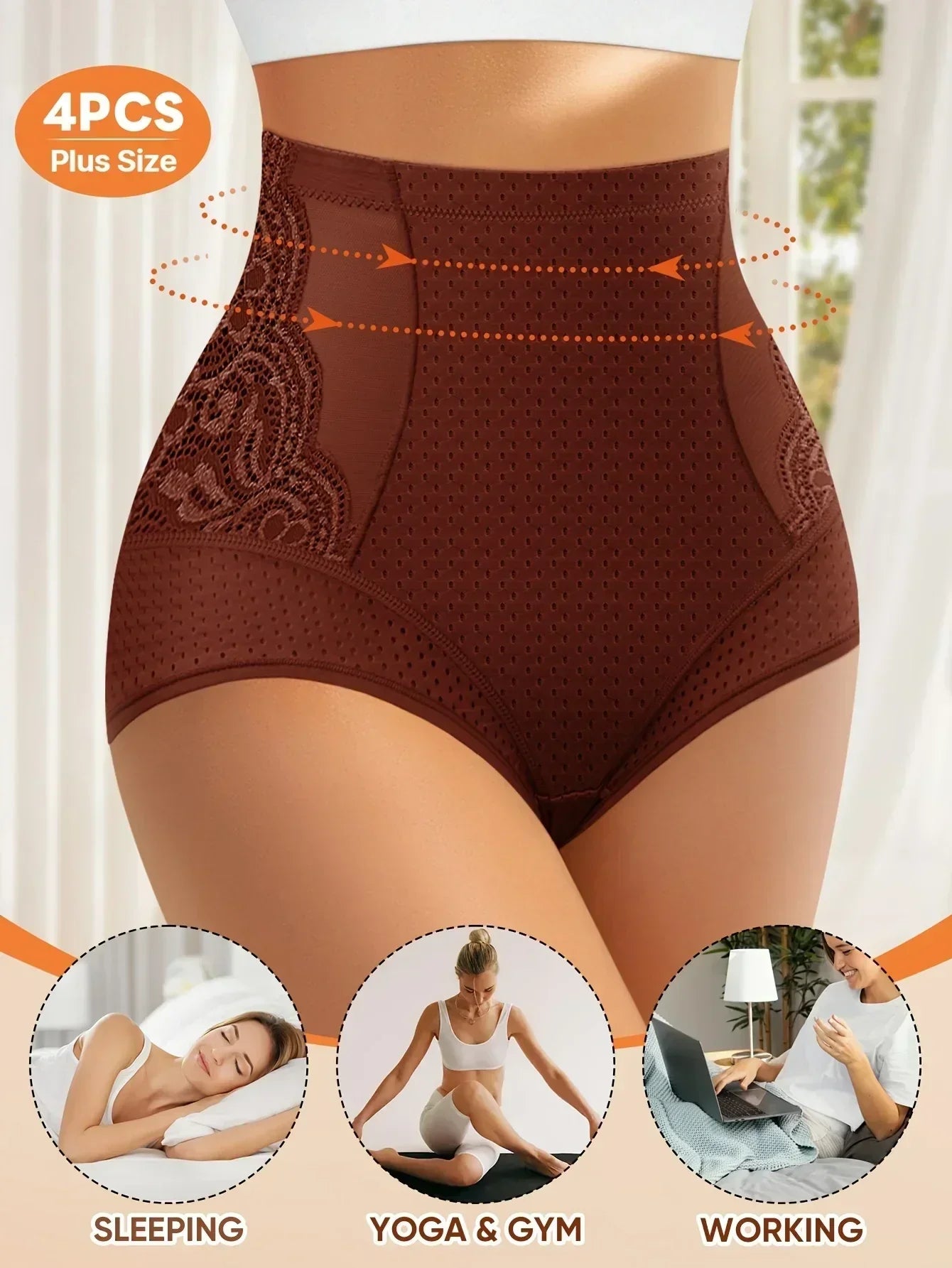 Lot de 4 culottes taille haute grande taille pour femmes - Maille respirante et dentelle, confort amélioré, culottes d'été respirantes noires.