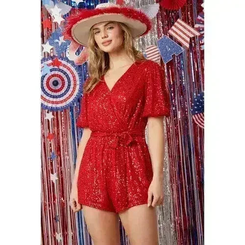 Combishort à Sequins avec Manches Courtes Bouffantes Rouge [Tailles SM-L]