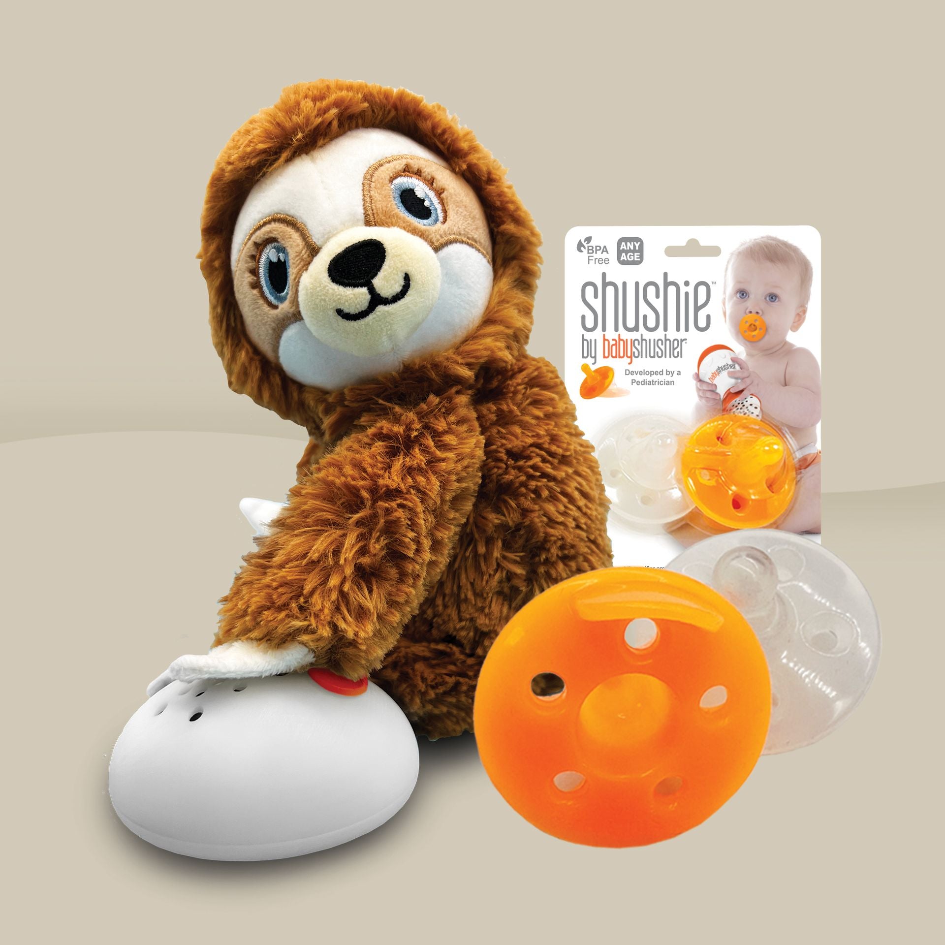 Baby Shusher Paresseux en peluche avec machine à sons + lot de 2 tétines Shushie