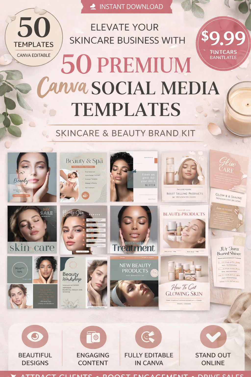 50 Premium Canva Social Media Templates – Skincare & Beauty Brand Kit