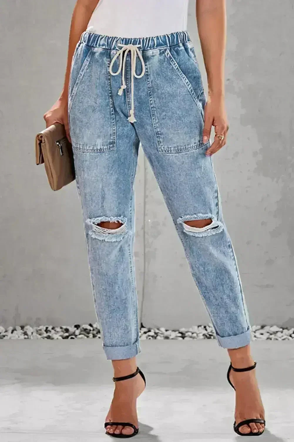 Pantalon de jogging en jean déchiré avec poches, couleur bleu ciel