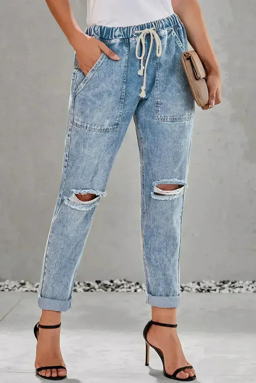Pantalon de jogging en jean déchiré avec poches, couleur bleu ciel