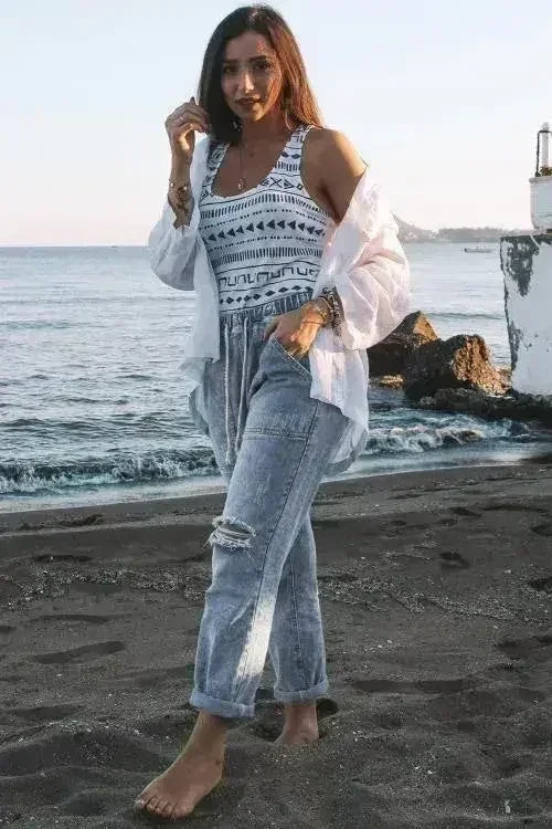 Pantalon de jogging en jean déchiré avec poches, couleur bleu ciel