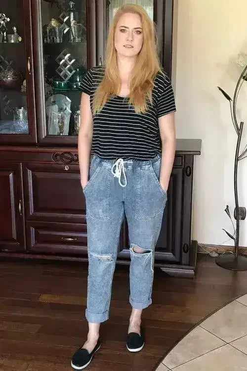Pantalon de jogging en jean déchiré avec poches, couleur bleu ciel