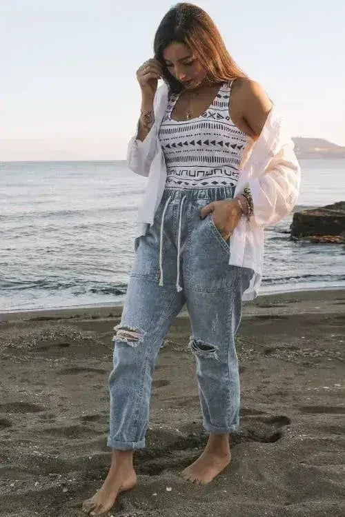 Pantalon de jogging en jean déchiré avec poches, couleur bleu ciel